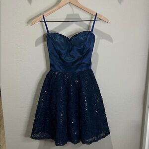 Lily Rose Dress Formal Party Holiday Hoco Strapless Navy Blue Lace Dress Sequin